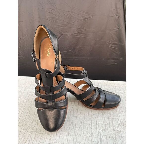 Clarks Women's Ciera Gull Sandal black leather 3 in heel - Picture 1 of 9